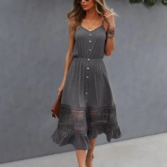 undefined Dresses & Skirts - Gray Lace Buttons detail Ruffle Hem Cami Dress
